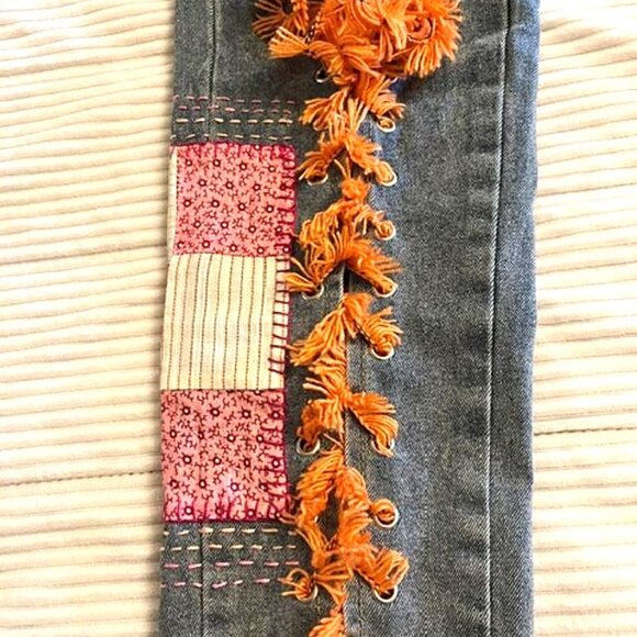 Totally hand patched embroidered upcycled custom Womens jeans 1 of a kind - Med - Picture 2 of 11